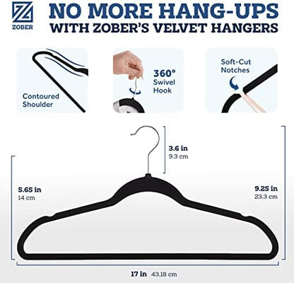 Zober Velvet Hangers 50 Pack - Black for Coats, Pants & Dress Clothes - Non Slip w/ 360 Degree Swivel, Holds up to 10 lbs - Strong Felt Hangers for Clothing