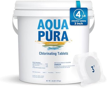 Aqua Pura Chlorine Tablets for Swimming Pool,3" Pool Supplies, Individually Wrapped Stabilized Chlorine Tablets, Long-Lasting, Slow Dissolve,Kill Bacteria,UV Protected,90% Available，4 LB
