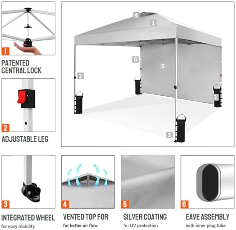 CROWN SHADES 10x10 Pop Up Canopy with 1 Side Wall - Beach Tent with One Push Setup - Outdoor Sun Shade for Events, Parties, Camping - Gazebo with STO-N-Go Cover Bag (White)