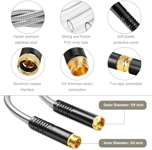 Omont Metal Garden Hose 25FT, Heavy Duty 304 Stainless Steel Water Hoses with Nozzle, Flexible Garden Hose, Lightweight, Rust Proof, No-Kink & Tangle for Yard, Outdoor, RV