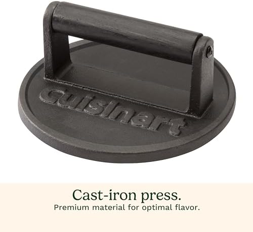 Cuisinart 6.5" Cast Iron Smashed Burger Press, Round Flat Edge Grill Press for Crispy Smash Burgers, Burger Tool for Grill and Griddle Accessories, for BBQs and Tailgates