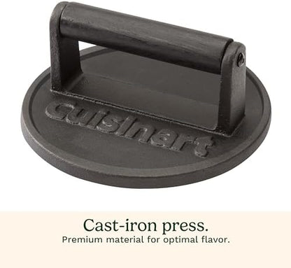 Cuisinart 6.5" Cast Iron Smashed Burger Press, Round Flat Edge Grill Press for Crispy Smash Burgers, Burger Tool for Grill and Griddle Accessories, for BBQs and Tailgates