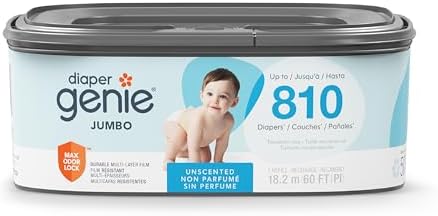 Diaper Genie Jumbo Square Refill, with Continuous Film, can Hold up to 810 Newborn-Sized Diapers per Refill.