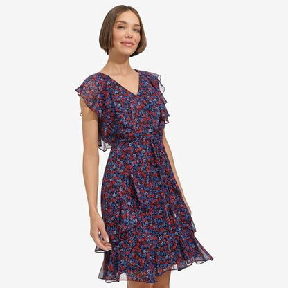 Tommy Hilfiger Women's Dress Fit and Flare,Sky Captain/Guava,16