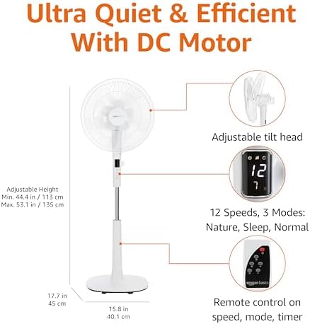 Amazon Basics 16" DC Motor Fan, 12 Speed Fan with Remote, Floor Fan, Standing Fan with 3 Breeze Modes, Dual-Layered Blades (10 Blades), Timer, Energy Efficiency and Quiet DC Motor (28W), White