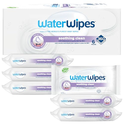 WaterWipes Sensitive+ Soothing Wipes, 3-In-1 Cleans, Cares, Soothes, 99% Water with Botanical Extract, Unscented & Hypoallergenic Baby Wipes, 360 Count (6 Packs)