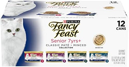 Purina Fancy Feast High Protein Senior Wet Cat Food Variety Pack, Senior 7+ Chicken, Beef & Tuna Feasts - (2 Packs of 12) 3 oz. Cans