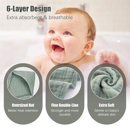 2 Pack Hooded Baby Towels - 100% Muslin Cotton for Newborns, Infants, Toddlers - Large 32x32Inch Size - Highly Absorbent and Essential for Newborn Care, Green and Grey