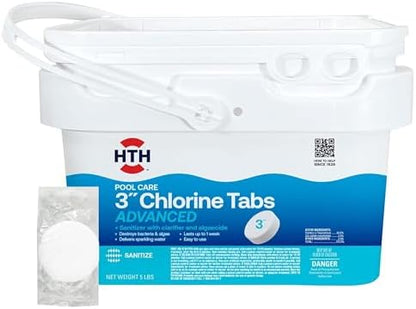 HTH 42052W Pool Care 3" Chlorine Tabs Advanced, Individually Wrapped Tablets - Swimming Pool Sanitizer with Clarifier & Algaecide, Destroys Bacteria & Algae, Delivers Clear Water All Season, 5 lbs