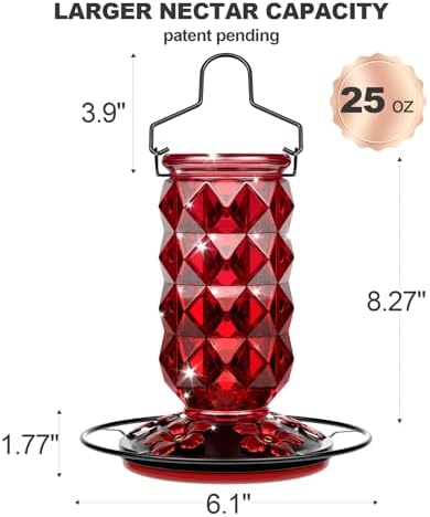 Glass Hummingbird Feeders for Outdoors Hanging, 25Oz Bird Nectar Feeder with Perch & 5 Flower Feeding Ports Leak Proof Hanging for Garden Backyard Decor, Gifts for Women Mom, Red