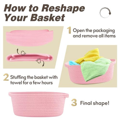 Pro Goleem Small Woven Basket with Gift Bags and Ribbons Durable Baskets for Gifts Empty Small Rope Basket for Storage 12"X 8" X 5" Baby Toy Basket with Handles, Pink
