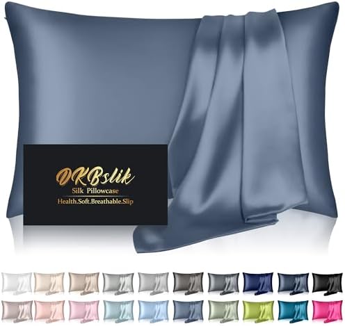 Silk Pillowcase for Hair and Skin, Mulberry Silk Pillow Cases Standard Size, Anti Acne Cooling Sleep Both Sides Natural Silk Satin Pillow Covers with Hidden Zipper, Gifts for Women Men, Ash Blue