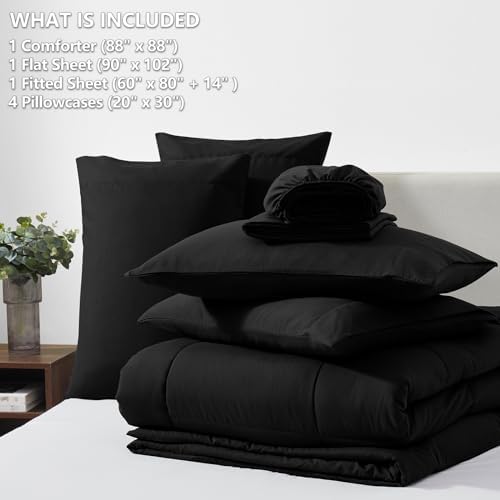 CozyLux Queen Comforter Set Black 7 Pieces Bed in a Bag Black Premium Comforters Queen Size Bed Set Bedding Sets Queen with All Season Stitch Quilted Comforter, Flat Sheet, Fitted Sheet, Pillowcases