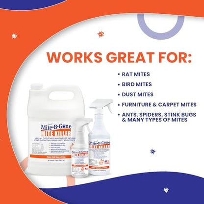 Mite Killer Spray by Mite-B-Gone — Kills Human Mites, Bird, Dust, Spider, Rat, Turkey, Carpet Mites. Treatment for Homes, Furniture, Bedding, Auto & Animals | Non-Toxic | Kid & Pet Safe | 16oz Spray