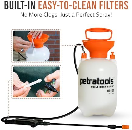 Petratools 1 Gallon Pump Sprayer – HD101 Garden Sprayer for Weeds, Lawn Care & Pesticides – 52” Long Hose, 2 Nozzles & Easy Carry Handle – Durable & Lightweight