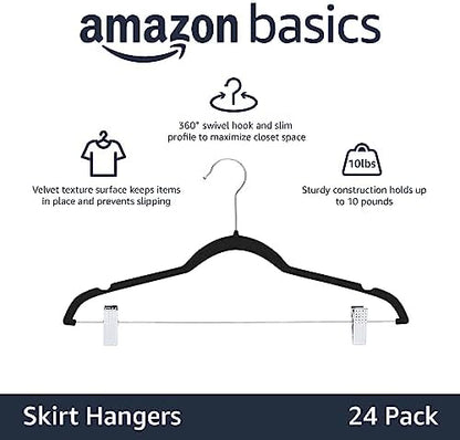 Amazon Basics Velvet, Non-Slip Skirt Clothes Hangers with Clips, Organize Pants and Skirts, Black/Silver, Pack of 24