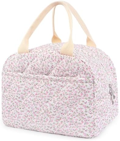 Cotton Quilted Insulated Lunch Bag, Cute Quilted Floral Lunch Tote Bags Reusable Insulated Lunch Box Coquette Aesthetic Large Capacity Insulated Cooler for Women Work Travel Picnic (Pink)