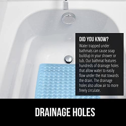 GORILLA GRIP Patented Bath Tub Shower Mat, Machine Washable Bathtub Floor Liner Mats, Suction Cups and Drain Holes to Keep Tubs Clean, Soft on Feet, Bathroom Essentials, 35x16 Inch, Clear Blue