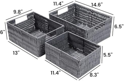 Plastic Wicker Basket Set of 3, Handmade Storage Basket for Organizing with Handles, Storage Bins for Home Kitchen Countertop, Shelf Organizer, Waterproof, Gray