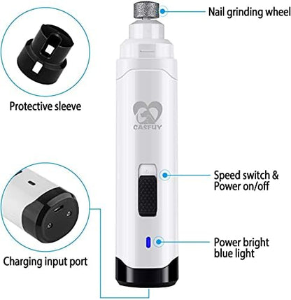 Casfuy Dog Nail Grinder Upgraded - Professional 2-Speed Electric Rechargeable Pet Nail Trimmer Painless Paws Grooming & Smoothing for Small Medium Large Dogs & Cats (White)