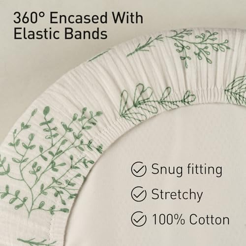 Muslin Bassinet Fitted Sheets, 2 Pack for Baby Boy and Girl, Soft Breathable Stretchy Baby Pad/Mattress Sheet Set, Universal Fit for Hourglass Oval and Rectangle Bassinet Mattress (Natural Leaves)