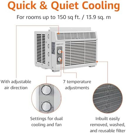 Amazon Basics 5000-BTU Small Window Air Conditioner, Up to 150 Sqf, Window AC Units with Cool and Fan Functions, Washable Filter, Adjustable Window Kit, Intuitive Mechanical Controls, White
