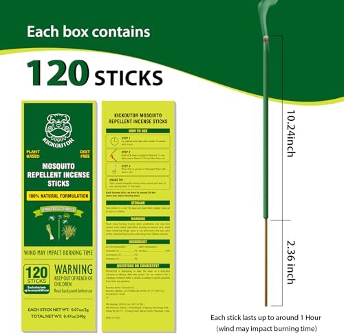KICKOUTOR® Mosquito Repellent Outdoor Patio 120 PCS Citronella Oil Mosquito Incense Sticks Natural Organic Mosquito Barrier Mosquito Repeller for Backyard Travel Camping Indoors Gnat Mosquito Control