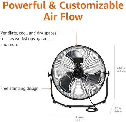 Amazon Basics 20" High Velocity Industrial Fan, Floor Fan, with 3 Speeds, Tilt Head, ETL-Listed Safety Compliance, Metal Housing/Blades, Ideal for Industrial/Commercial Space/Garage/Gym, 125W, Black
