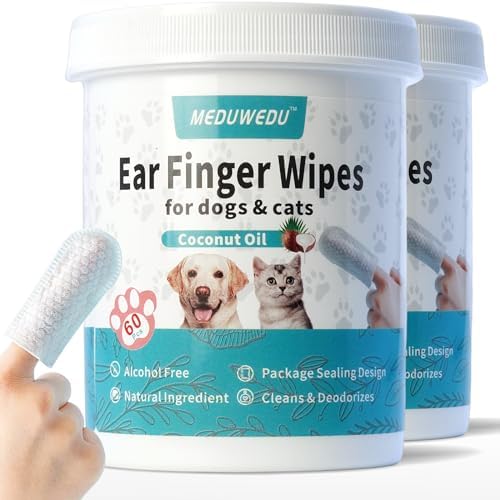 Ear Cleaner Finger Wipes 120 Counts, Dog Ear Cleaner, Grooming Kit Care for Dogs and Cats, Soft & Easy Otic Cleaning Pads, Remove Wax, Dirt & Stop Smelly, Itchy, Non-Irritating, Coconut Scent