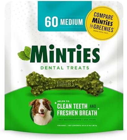 Minties Dental Chews for Dogs, 60 Count, Vet-Recommended Mint-Flavored Treats for Medium Dogs 25-50 lbs, Bones Clean Teeth, Fight Bad Breath, and Removes Plaque and Tartar