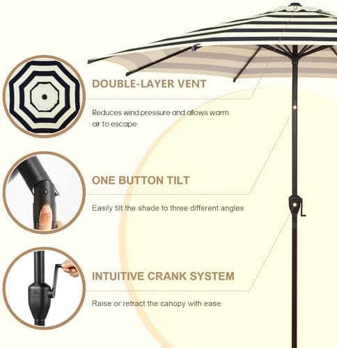 Abba Patio 9FT Lyon Outdoor Patio Umbrella Outdoor Table Umbrella with Push Button Tilt and Crank Market Umbrella 8 Sturdy Ribs UV Protection Waterproof for Garden Deck Backyard Pool, Stripe