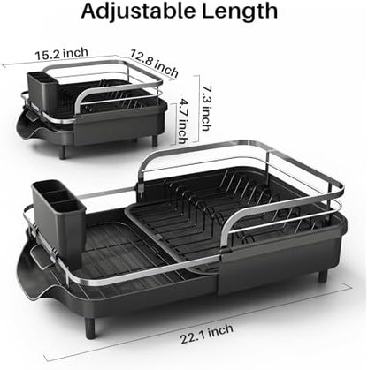 Dish Drying Rack, Expandable Dish Rack for Kitchen Counter, Stainless Steel Dish Drainer with Drainboard Set and Utensil Holder (Black)
