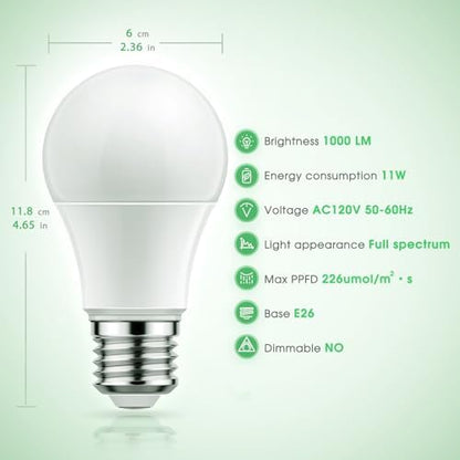 Briignite 4 Pack Grow Light Bulbs, LED White Bulb A19 Bulb, Full Spectrum Plant Bulbs E26 Base, 11W 100W Equivalent, for Indoor Plants, Seed Starting