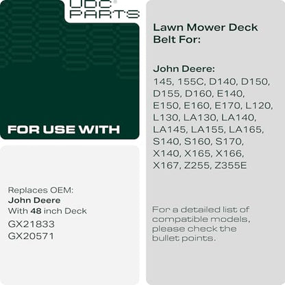UDC Parts GX21833 Mower Deck Belt for John Deere D140 L130 L120 LA145 D160 E140 LA130 E170 D155 S170 E160 S140 Z255 with 48 inch Deck Replaces OEM GX20571 / Aramid Cord