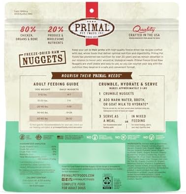 Primal Freeze Dried Dog Food Nuggets, Chicken; Complete Balanced Meal, Topper or Treat; Premium, Healthy, Grain Free, High Protein Raw Dog Food, 14 oz