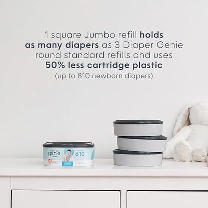 Diaper Genie Jumbo Square Refill, with Continuous Film, can Hold up to 810 Newborn-Sized Diapers per Refill.