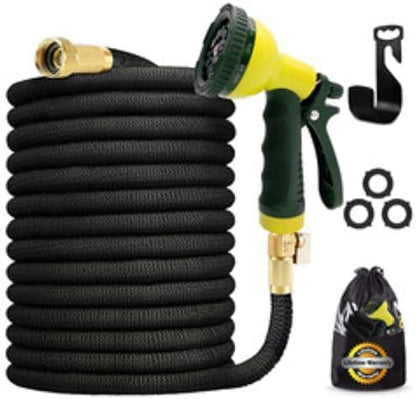 J&B XpandaHose 75ft Expandable Garden Hose with Holder - Heavy Duty Superior Strength 3750D - 4 -Layer Latex Core - Extra Strong Brass Connectors and 10 Spray Nozzle w/Storage Bag (Black 75)