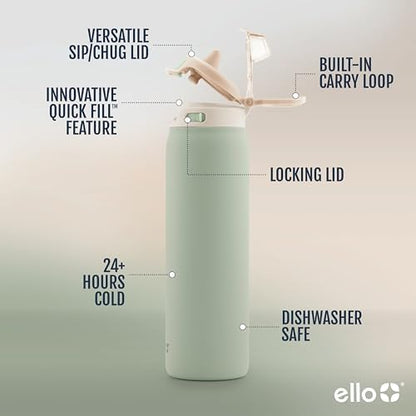 Ello Pop & Fill Stainless Steel Water Bottle with Quick Fill Technology, Double Walled Vacuum Insulated Metal, Leak Proof Locking Lid, Sip & Chug, BPA Free, Holiday Gift for Him Her, 22oz, 32oz, 40oz