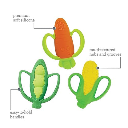 Infantino Lil’ Nibbles Textured Silicone Teethers, BPA-Free Baby Teething Toy, Soft, Easy to Hold, Sensory Stimulation for Infants, Carrot, Corn, Pea Pod, 3-Pack Set