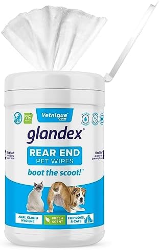 Vetnique Labs Glandex Dog Wipes for Pets Cleansing & Deodorizing Anal Gland Hygienic Dog & Cat Wipes with Vitamin E, Skin Conditioners and Aloe (75ct)
