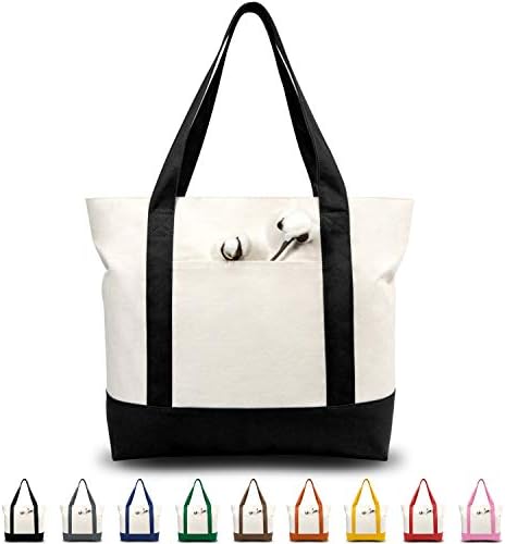 TOPDesign 1 | 3 | 6 | 30 Pack Canvas Tote Bag with an External Pocket, Reusable Grocery Shopping Bag, Top Zipper Closure, Daily Essentials (Black/Natural Pack of 1)