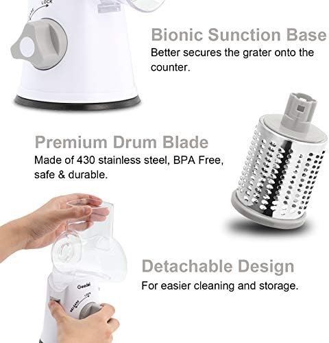 Geedel Rotary Cheese Grater, Kitchen Mandoline Vegetable Slicer with 3 Interchangeable Blades, Easy to Clean Rotary Grater Slicer for Fruit, Vegetables, Nuts