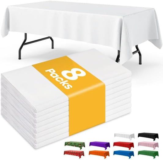 White Plastic Table Cloth - 8 Pack 54" × 108" Rectangle Disposable Tablecloths for 6FT Tables, Waterproof Table Cover for Party, Holiday & Gathering Use