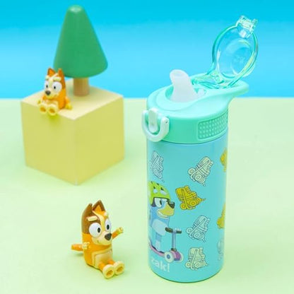 Zak Designs Bluey Sage Kids Water Bottle For School or Travel, 14oz Stainless Steel Water Bottle With Straw, Handle, and Leak-Proof, Pop-Up Spout Cover (Bluey & Bingo)