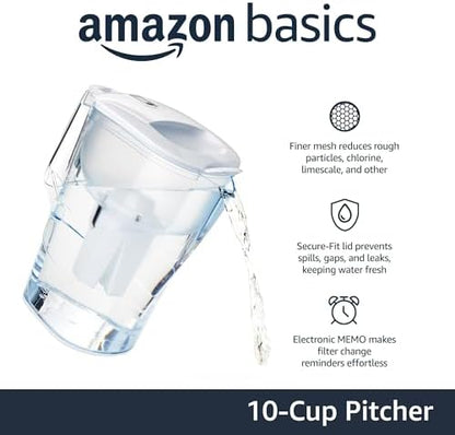 Amazon Basics 10-Cup Pitcher with Filter Compatible with Brita Water Filter Pitcher for Clean, Crisp Water, WQA and NSF Certified, Made in Europe