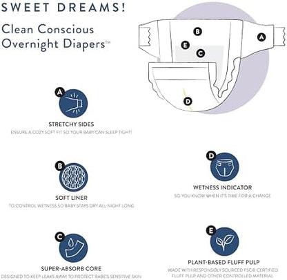 The Honest Company Clean Conscious Overnight Diapers for Sensitive Skin | Hypoallergenic, Fragrance Free | Cozy Cloud + Star Signs | Club Box, Size 5 (27+ lbs), 40 Count