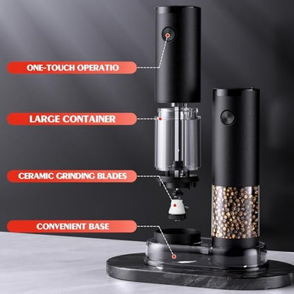 Electric Salt and Pepper Grinder Set Automatic Battery Pepper Mill Shakers Adjustable Coarseness Easy Filling Upgraded Larger Capacity with Led (2 Pack Black/Black）