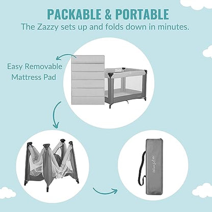 Dream On Me Zazzy Portable Playard with Bassinet in Grey, Packable and Easy Setup Baby Playard, Lightweight and Portable Playard for Baby with Mattress and Travel Bag