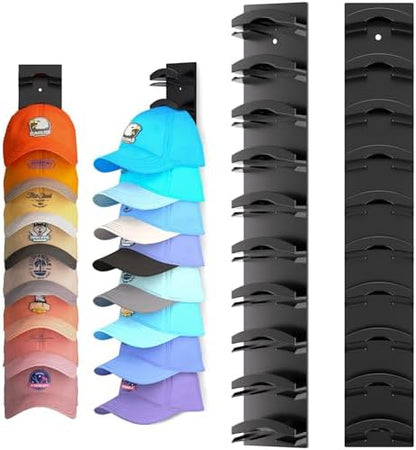 Hat Organizer for Baseball Caps 2Pack, Hat Rack for Wall with Strong Adhesive Hold up to 20 Hats, Hat Hanger Holder Display for Door Closet, Cap Organizer Storage Multilayer Two Mounting Option(Black)