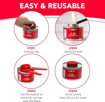 Gas One 12 Pack 6 Hour Chafing Fuel - Food Warmer for Chafing Dish Buffet Set - Reusable Liquid Safe Fuel With Wick & Lid Opener